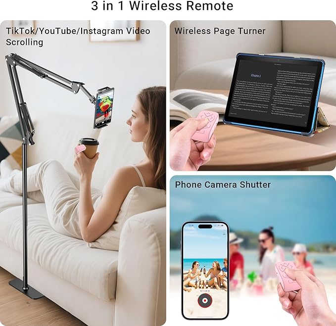 Floor Fire Tablet Stand for Reading in Bed with Page Turner Remote, Fire HD 8 9 10 Max Tablet Holder Accessories with Scrolling Ring Clicker Compatible with iPad iPhone Android Phones