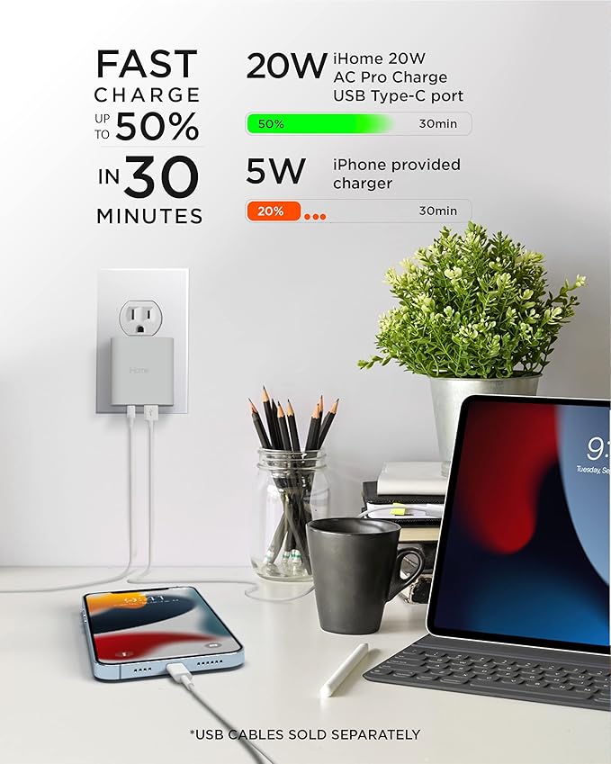 iHome USB C Charger: AC Pro 20W Multiport (1 USB-C Port, 1 USB-A Port), Flat USB Block, Dual Port USB Plug Adapter & Phone Charging Block