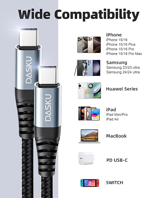 Extra Long USB C to USB C Cable 100W [15ft/2 Pack] Charger Cable Fast Charging Compatible with iPhone 17/17 Pro Max, iPhone 16 Series, iPhone 15 Series, Galaxy S24/S23/S22, Car Play, MacBook, iPad