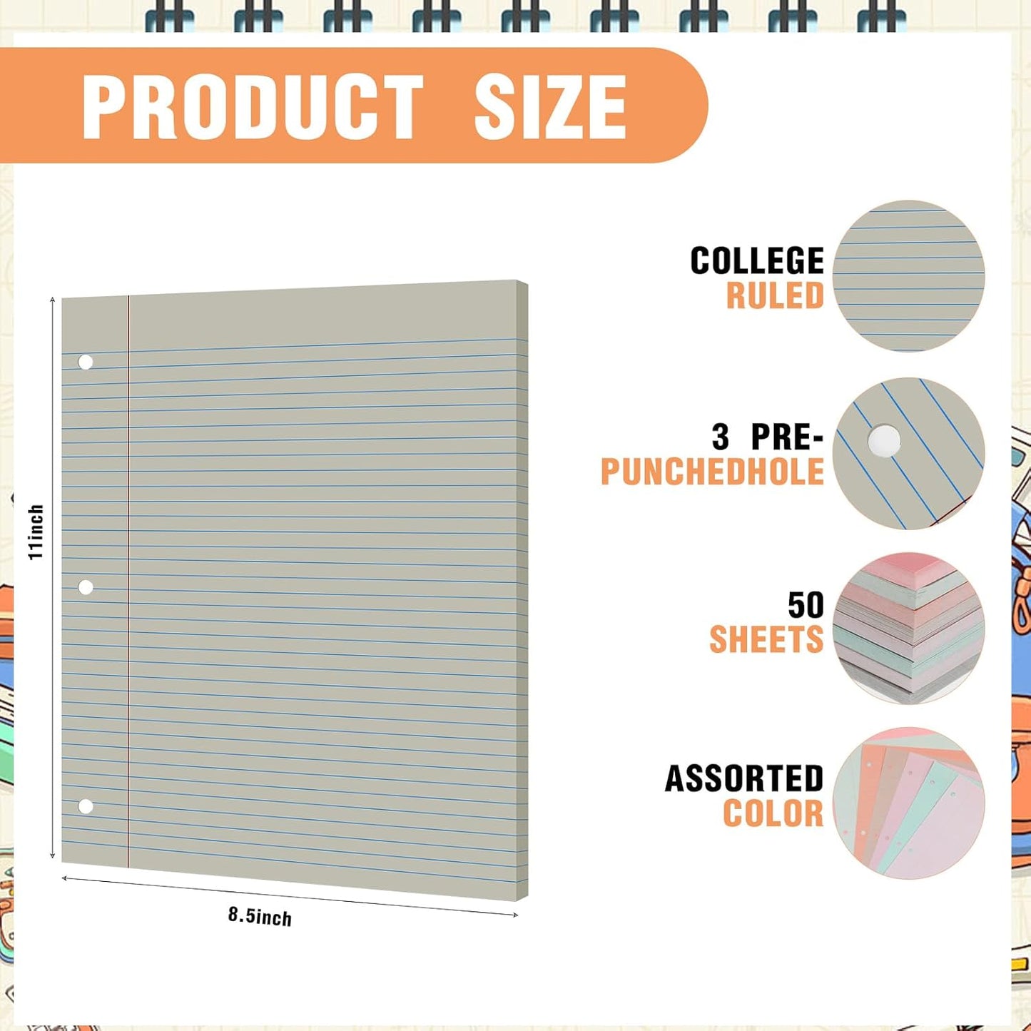 PerKoop 400 Sheets Colored Loose Leaf Paper 8.5" x 11" college ruled Lined 3 Hole Punched notebook Filler Paper for 3 Ring Binders Office School Supplies (Bohemian Color)