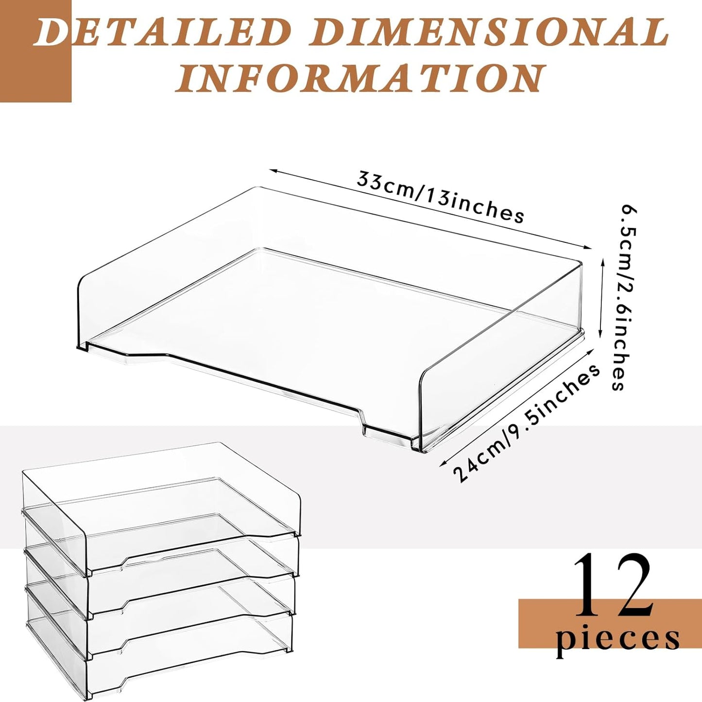 12 Pcs Stackable Letter Tray Rectangular Plastic Desk Organizer 13 x 9.5 x 2.6 in Paper Holder File Tray Accessories Rack for Desktop Office Desk Drawers (Clear)