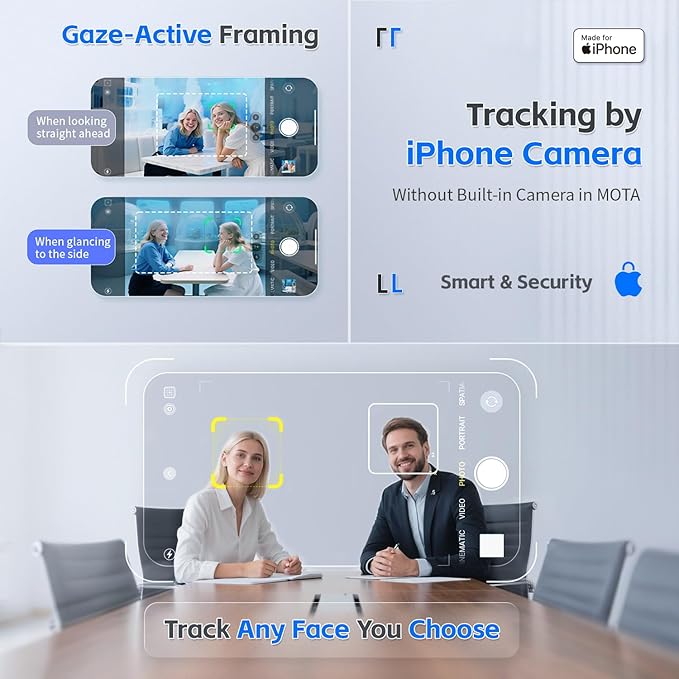 MOTA Tripod Stand Only for iPhone, 360 Degree Auto Tracking Stand for iPhone Support Native Camera and All Apps, 2 Axis Foldable Phone Holder for Video Recording with Remote Control for Desk