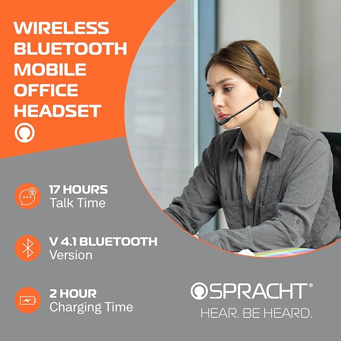 Spracht Wireless Bluetooth Headset, Noise Cancelling Single Ear Headphones with Base, Adapter & USB Cable, Trucker Head Set with Mic, 15 Hr Battery, All Day Comfort, Remote Mobile Office (ZumBT)