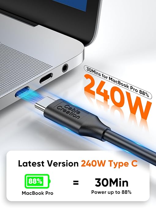 CableCreation USB C Short Cable 0.5ft,USBC Monitor 8K@30Hz/4K@120Hz, 240W Type C Charging,20G USBC Data,USB C 3.2 Gen 2x2 for Thunderbolt 4/3,Cellphone, Laptop, Android Auto, Carplay,iPhone 15/16/17