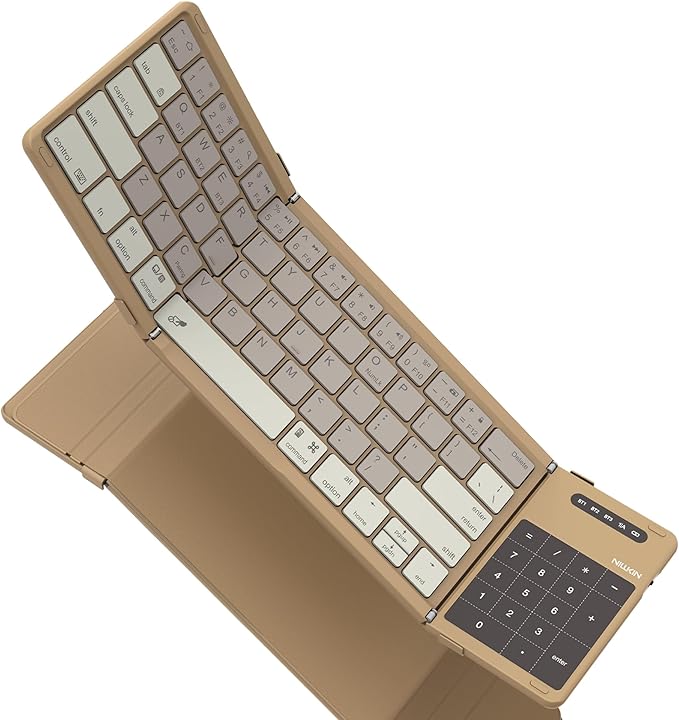 Nillkin Foldable Travel Keyboard with Touchpad & Number Pad, Bluetooth Wireless Portable Folding Full Size Keyboard with Trackpad for PC Laptop iPad Tablets Smartphone, Silicone Leather Cover, Khaki