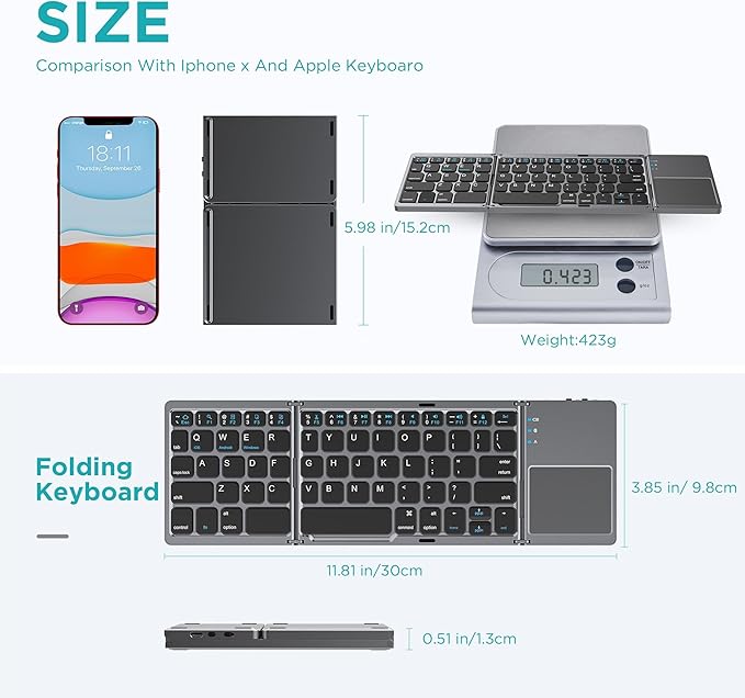 Foldable Bluetooth Keyboard with Touchpad - Portable Wireless Keyboard with Holder, Rechargeable Full Size Ultra Slim Pocket Folding Keyboards for Android Windows iOS Tablet & Laptop Travel Keyboards