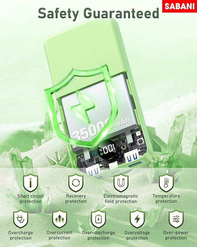 SABANI Portable Charger 35000mAh Power Bank - Portable Battery with 4 Built in Cables, 22.5W Fast Charging Battery Pack Compatible with iPhone 15 14 13 Samsung Android Cell Phone etc (1 Pack, Green)