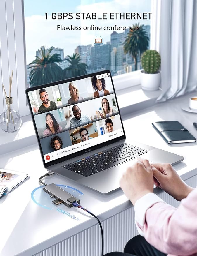 USB C Hub Mulitiport Adapter, 9-in-1 Hub with 1Gbps Ethernet,4K@30Hz HDMI,100W Power Delivery, 2 USB 3.0,SD/TF Card Slots,3.5mm Jack,USB-C3.0 Data, for MacBook Pro/Air iPad Pro M1/M2,Surface,XPS