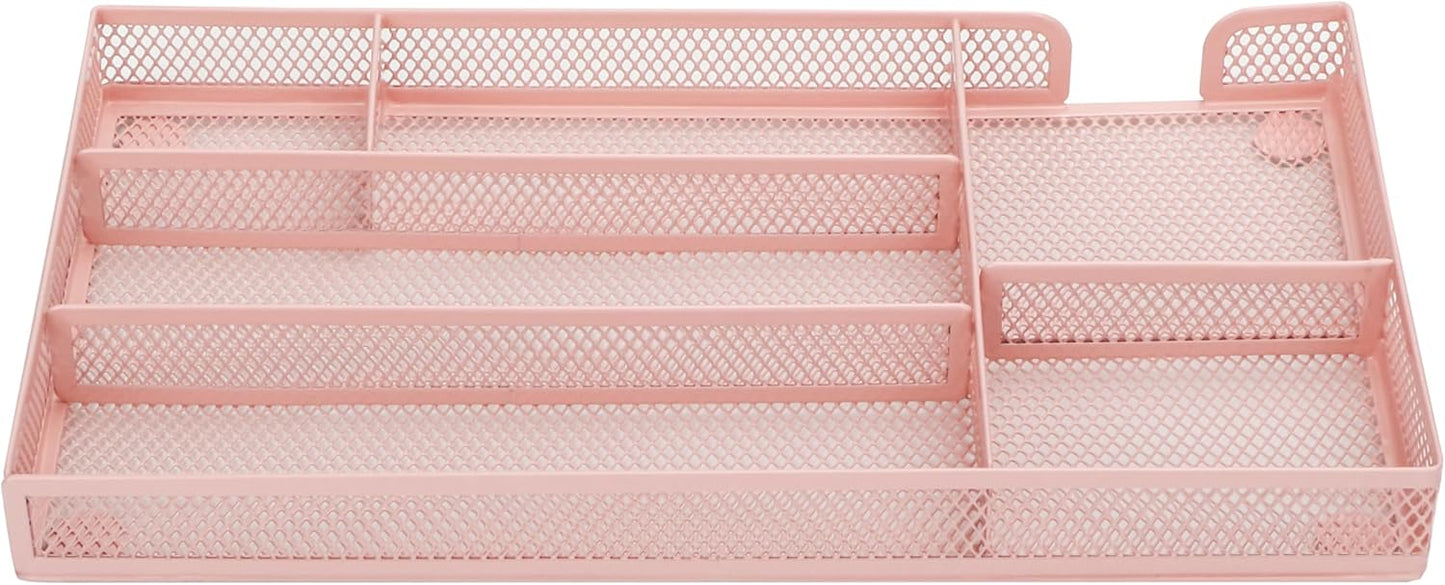 Annova Desk Drawer Organizer Tray for Office Organization - Metal Mesh - Storage Tray with Dividers for Pens, Desktop Accessories, Bathroom, Kitchen, Makeup and Office Supplies (Small, Light Pink)