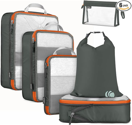 Cipway Compression Packing Cubes, See Through Mesh Luggage Organizer Bags, Travel Essentials for Carry on Suitcase with Laundry Bag and Clear Toiletries Bag（6Pcs,Grey）