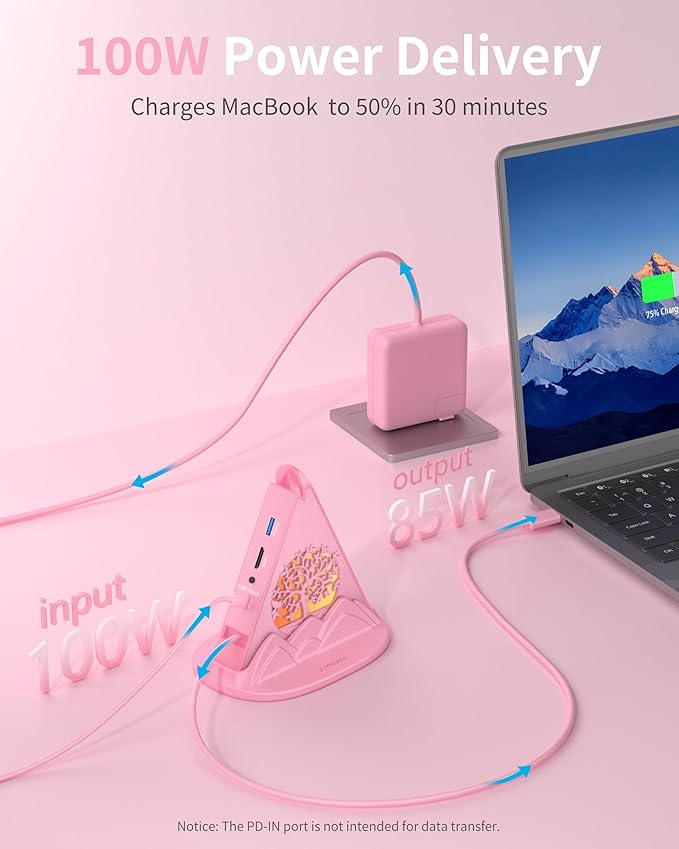 Pink USB C Hub, 8-in-1 USB C Multiport Adapter with 4K@30Hz HDMI, 100W Power Charging, 5Gbps Type C, 3 USB-A 3.0, SD/TF Slots& RGB Lighting, Pink Type C Hub for MacBook, iPhone17, iPad, XPS(Tree)