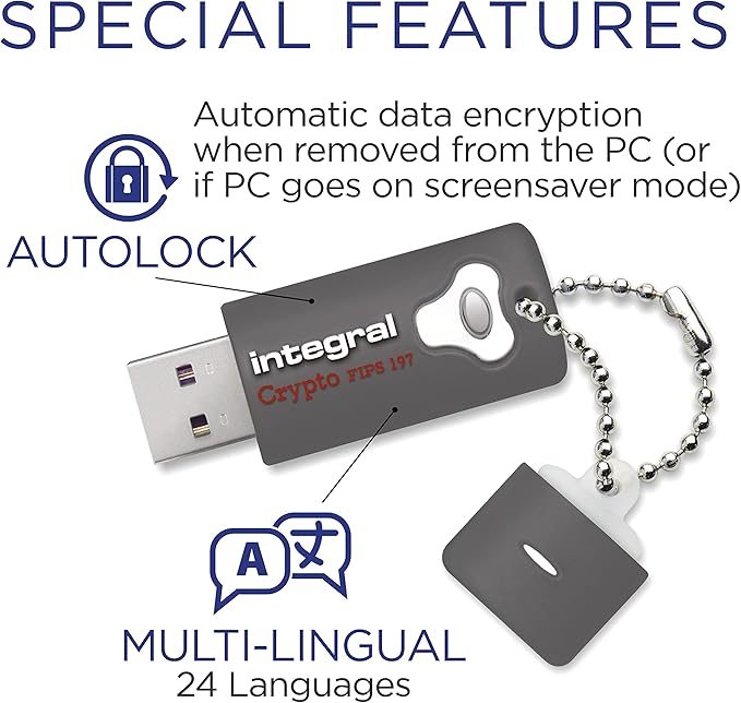 Integral 64GB Crypto-197 256-Bit Hardware Encrypted 3.0 USB Secure Flash Memory Drive - Certified to FIPS 197, Brute-Force Password Attack Protection & Rugged Double-Layer Waterproof Design