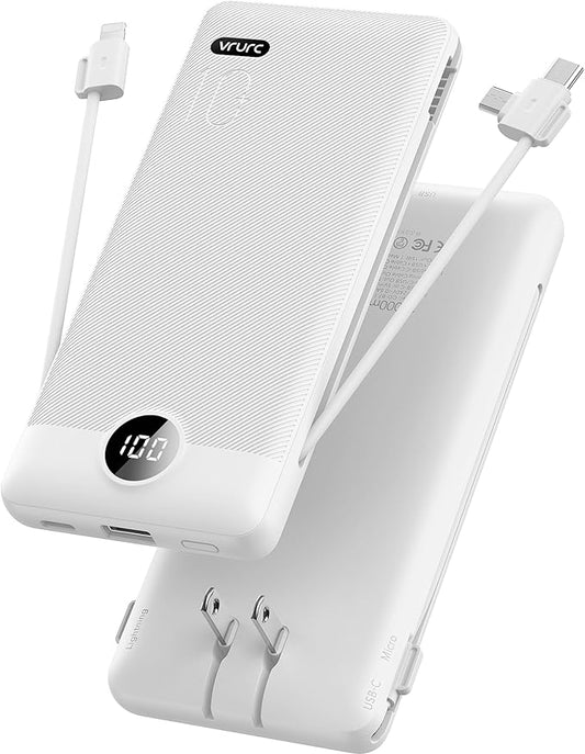 VRURC Portable Charger,Power Bank Built-in Cables and AC Wall Plug, USB C Portable Bank 10000mAh, Travel Essentials Phone Charger Compact External Battery Pack for Smart Phones, Tablets etc-White
