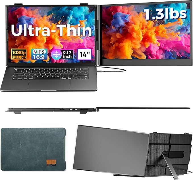 Laptop Screen Extender Ultra-Thin, 14" FHD 1080P Dual Portable Monitor for Laptop, 1.3lbs Lightweight Travel Monitor Extender Fit 13”-17.3”, Plug and Play for Windows/Mac/Android/Chrome