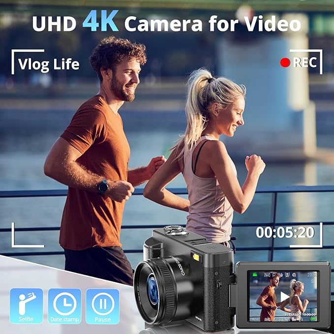 4K Digital Camera for Photography and Video, Autofocus 48MP Vlogging Camera for YouTube with 3'' 180°Flip Screen 16X Zoom Compact Travel Cameras with SD Card, 2 Batteries, Anti-Shake, Flash (Black)
