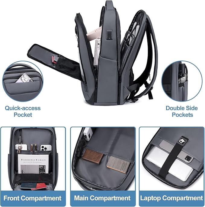 FENRUIEN Work Backpack for Men,Water Resistant Smart Backpack with USB Charging Port,Grey Laptop Bag 15.6 Inch