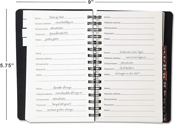Current Black Password & PIN Keeper Book, 65 Pages, 4.5” x 5 ¾” Size Spiral Bound, Alphabetical Tabs, Plastic Cover Internet Organizer for Offline Website, Login, & Username Storage