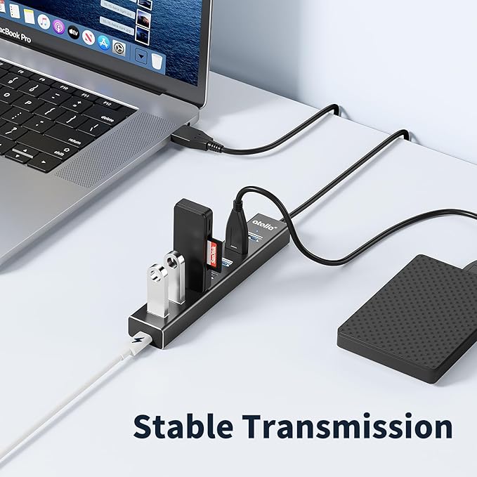 atolla Aluminum 7-Port USB 3.0 Hub with 1m Extension Cable - 5Gbps High-Speed Data Transfer for MacBook Pro, Laptop, PC, Gaming Setup