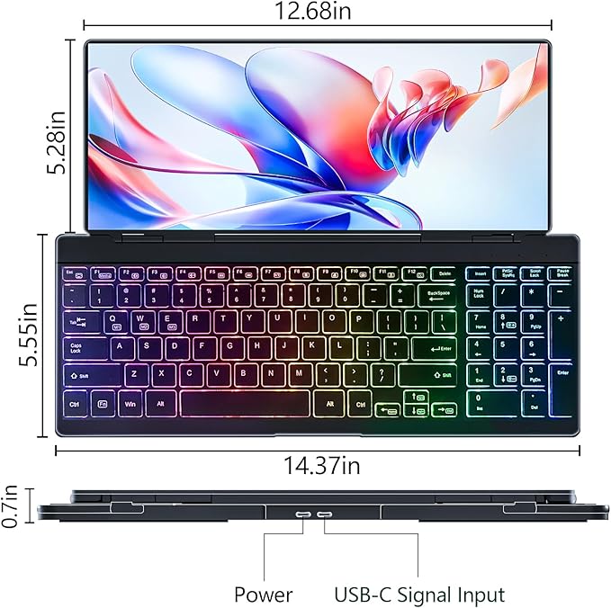 Portable Touchscreen Monitor with Silent Keyboard 12.8-inch Ultra-Slim Stretched Bar Screen Folding FHD 120% sRGB, USB-A/C Compatible Screen for Computers, Laptops, Mini PCs, Consoles, Phones