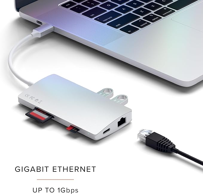 Satechi 8 in 1 USB C Hub Multiport Adapter V2, 4K HDMI, 115W USB C PD Charging, 3 USB-A, Ethernet, Micro/SD Card Readers, for Laptop, MacBook Air/Pro M4, iPad, Windows - Silver