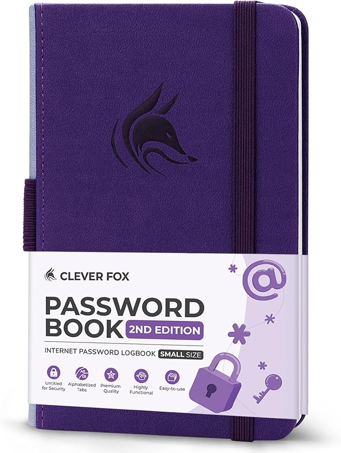 Clever Fox Password Book 2nd Edition Small – Pocket Password Keeper with Alphabetical Tabs – Internet Address Notebook & Login Details Organizer Journal – 3.5x5.6” (Purple)