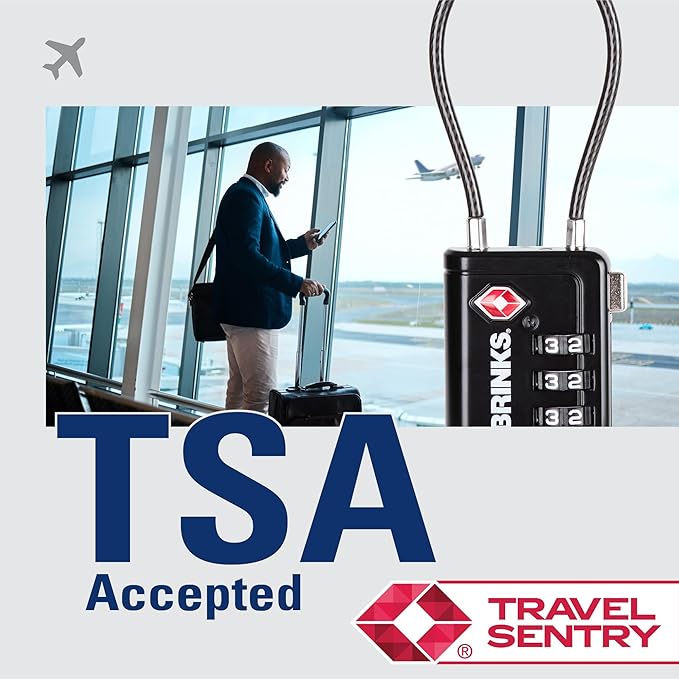 Brinks TSA Accepted Indicator Luggage Lock, Black - Resettable 3-Dial Combination, 2.5 inch Long Cable Shackle, New More Secure TSA008 Key, 2 Pack
