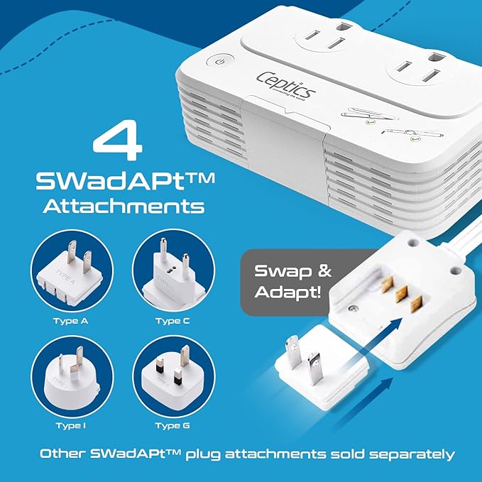Ceptics 200 W Voltage Converter, Convert 220 V to 110V for Devices Like Curling Iron, Straightener, Chargers, Step Down World Power Plug - 4 USB PD 18W Fast Charging - EU/AU/UK/US Included