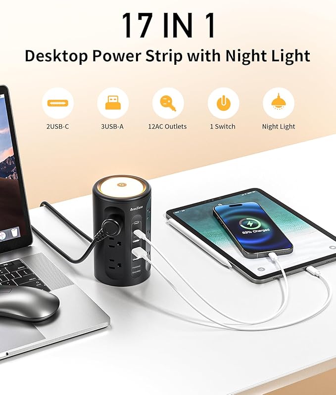 Power Strip Tower with Night Light, Power Strip Surge Protector with USB Ports, Extension Cord 10 FT with Multiple Outlets (12AC+3A+2C) for Home Office Desk DormRoom (Black)