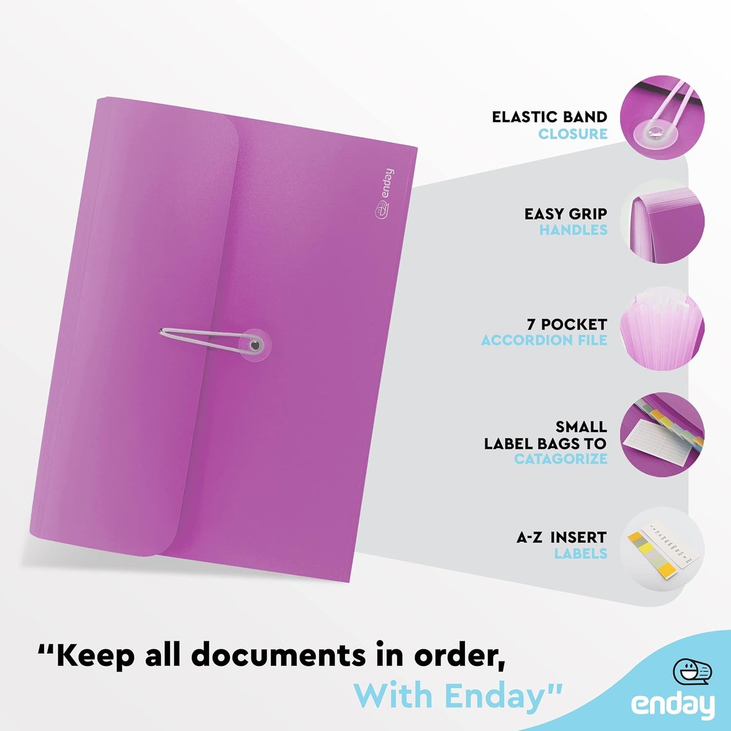 Accordion File Organizer Purple, 7 Pocket Expanding File and Cover Folder with Labels, Plastic Portable Desktop Letter A4 Paper, Also Available in Red, Green, Pink, Blue, Grey, 1 Pc – by Enday