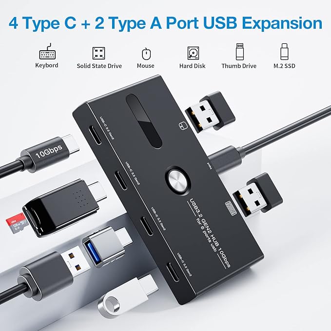 10Gbps USB C Hub, 6 Ports Type C Splitter, USB-A/C to USB C/A Adapter for PC, Laptop, MacBook Pro/Air, iMac, Surface Pro, Chromebook, Etc(HUB ONLY, Not Support Charging/Monitor)