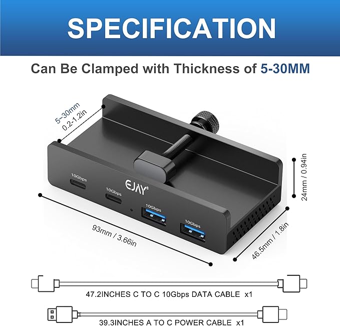 EJAY 4Ports 10Gbps USB-C HUB USB3.2 Clamp USB HUB Splitter,Mountable USB-C Adapter with Data & Power Cable for iMac 2021 and later-10Gbps(JK-2A2C-BK)