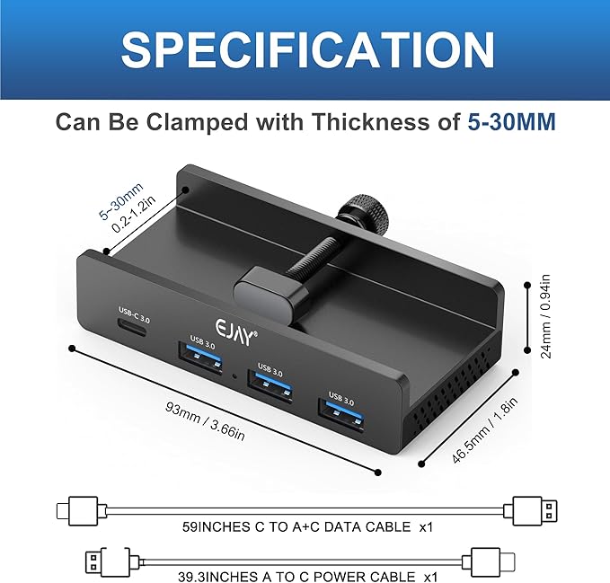 EJAY Mountable 4Ports USB3.0 HUB Alu Desktop Clamp Type C USB3.0 Splitter for Desk/Monitors with Extra Power Supply Port,59inches Data & 39inches Power Cables-5Gbps(BJ-3A1C-BK)