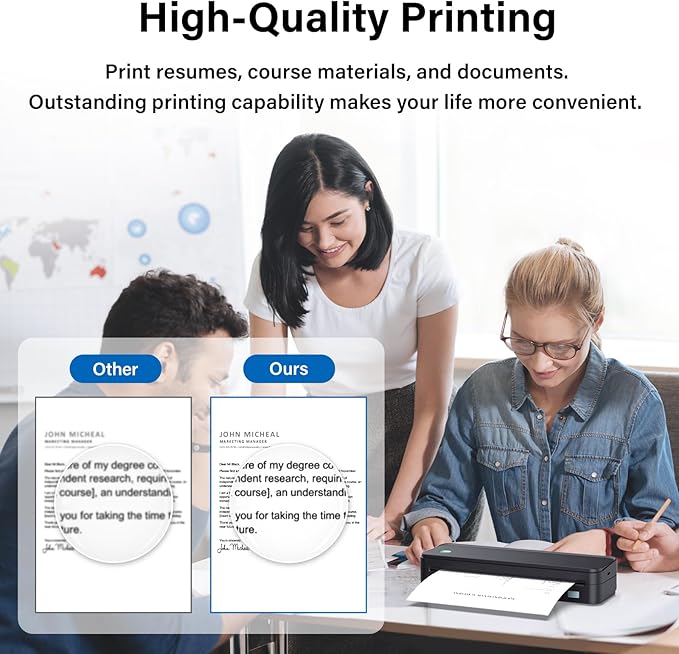 Inkless Portable Printer for Travel, Wireless Thermal Printer Supports 8.5 x 11 Inch Thermal Paper, Bluetooth Machine Includes Carry Case and 3 Rolls of Paper Kit, Black