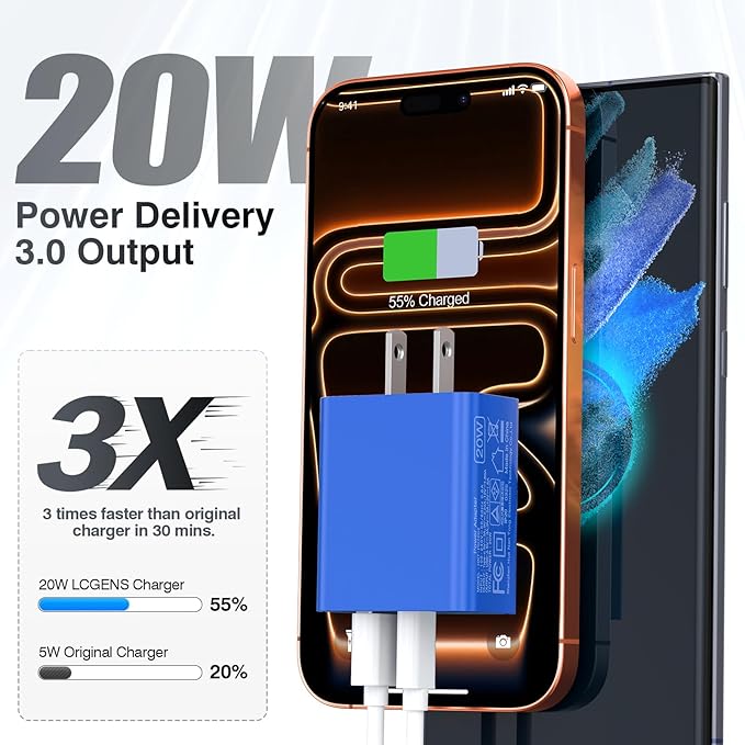 2 Pack USB C Charger, 20W PD Fast Charger Dual Port Plug Type C Charger Compatible for iPhone 12/13/14/15/16/17/Pro/Pro Max/Plus/X/SE3 iPad Pro Cube,Galaxy S25/S24 Dark Blue