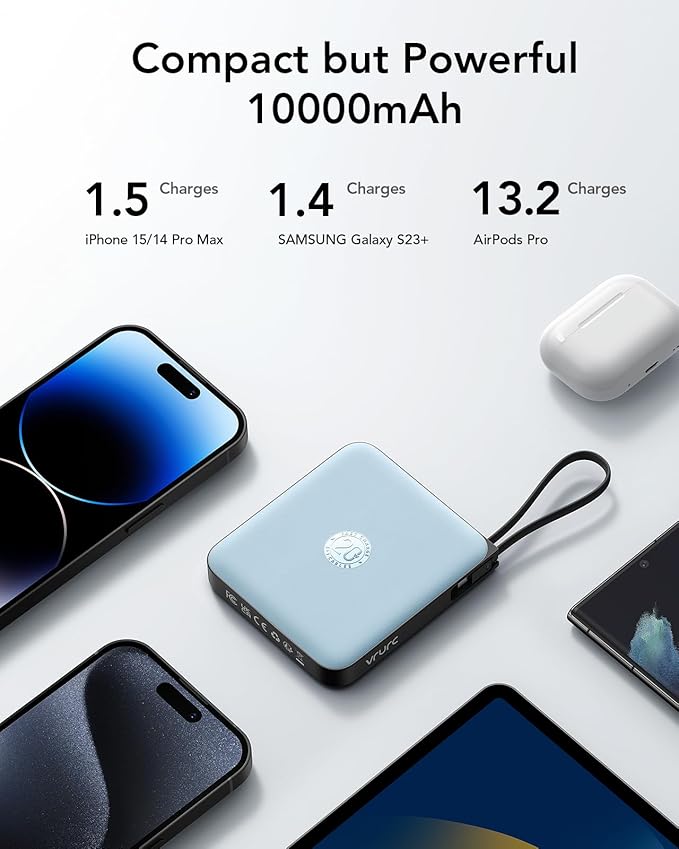 VRURC 10000mAh Portable Charger for iPhone with Built-in Cables, PD 20W Fast Charging Power Bank, Battery Pack for iPhone 16 15 14 13 Samsung Galaxy S25 S24 Series Android, Blue(1 Pack)