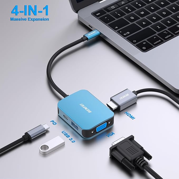 BENFEI USB C HUB 4-in-1, USB Type-C to HDMI VGA Adapter, USB C to USB Adapter, USB Type-C Power Delivery, Compatible with iPhone 15 Pro/Max, MacBook Pro/Air 2023, iPad Pro, iMac, S23, XPS 17