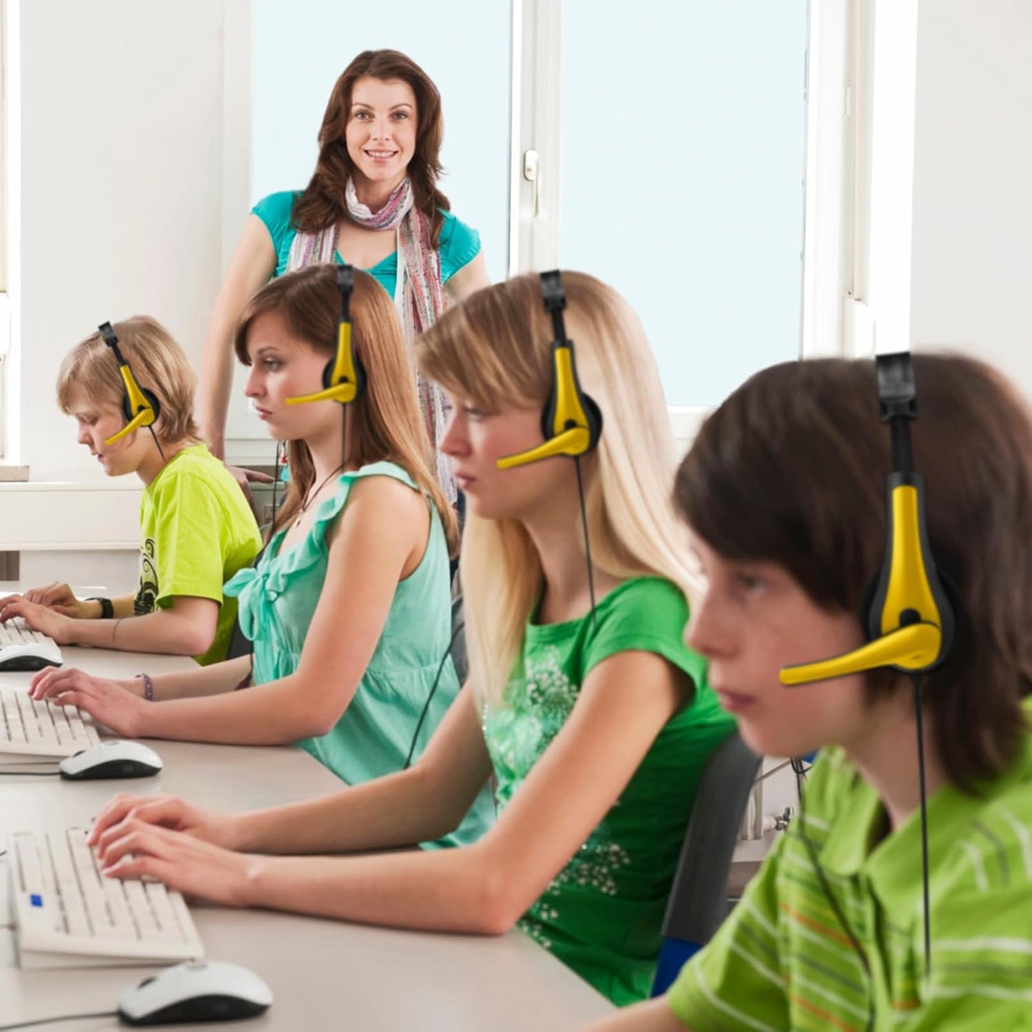 Yunsailing 20 Pack Bulk Classroom Headphones with Microphone Students Kids Wired School Class Set Headphones for School Library Computer Office Adults 3.5 Jack Universal Plug(Yellow)