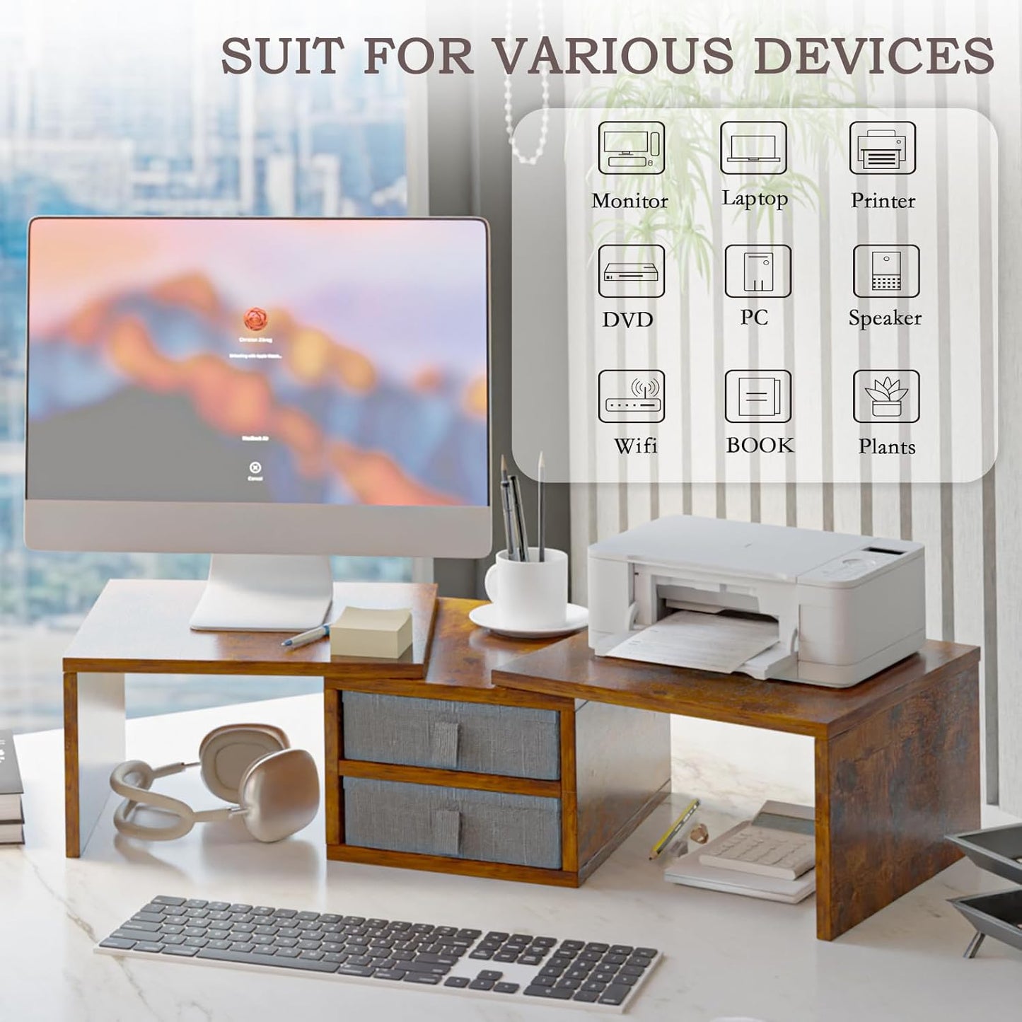 TEAMIX Dual Monitor Stand Riser with 2 Drawers - Length and Angle Adjustable 3 Shelf Monitor Riser with Storage Desk Organizer Large Monitor Stand for 2 Monitors/Laptop/PC,Screen/TV Stand Riser