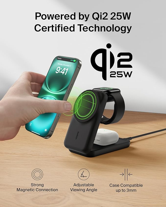 Belkin MagSafe Charger Compatible, 3-in-1 Charging Station, Qi2.2 25W Magnetic Wireless Charger Dock, Foldable Charging Stand for iPhone 17/16/15, Apple Watch, AirPods, Pixel 10 (45W Adapter Included)