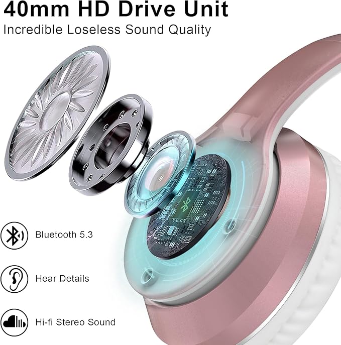 JOMILIN B9 Bluetooth Headphones Over-Ear, 3 EQ Music Modes and 50H Playtime Wireless Headphones with Mic, Hi-fi Stereo Lightweight Folding Headset, Volume Control for Travel Tablet PC (Rose Gold)