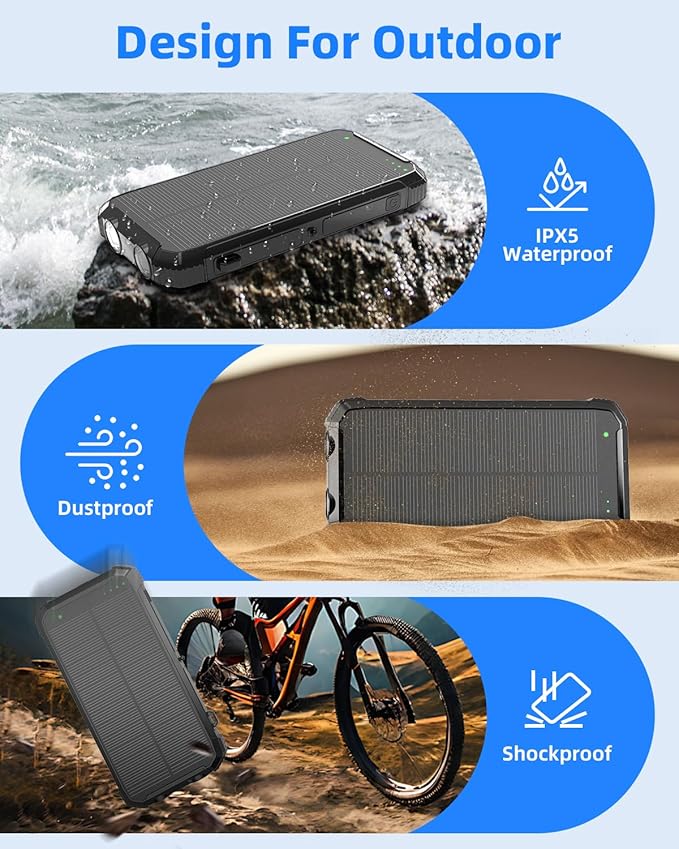 Solar Power Bank 20000mAh, Wireless Charger with 15W Fast Charging, 3 Data Cables, USB-C Output, Dual Flashlights, Portable Outdoor Battery Pack for iPhone, Samsung, and More, for Camping, Emergency