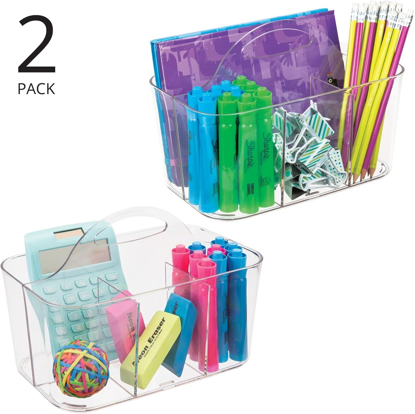 mDesign Plastic Small Office Storage Organizer Utility Tote Caddy with Handle for Cabinets, Desks, Workspaces - Holds Desktop Office Supplies, Pencils, Staplers Lumiere Collection, 2 Pack, Clear