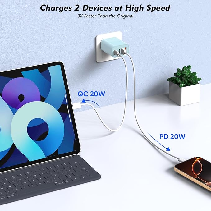 2 Pack 40W USB C Wall Charger,4-Ports Multiport PD Power Adapter & QC Wall Plug, Apple Fast Charging Block,iPhone USBC Charging Brick Compatible with iPhone 17/Air/17 Pro/16/16e/15/Pro Max/14/13(Blue)