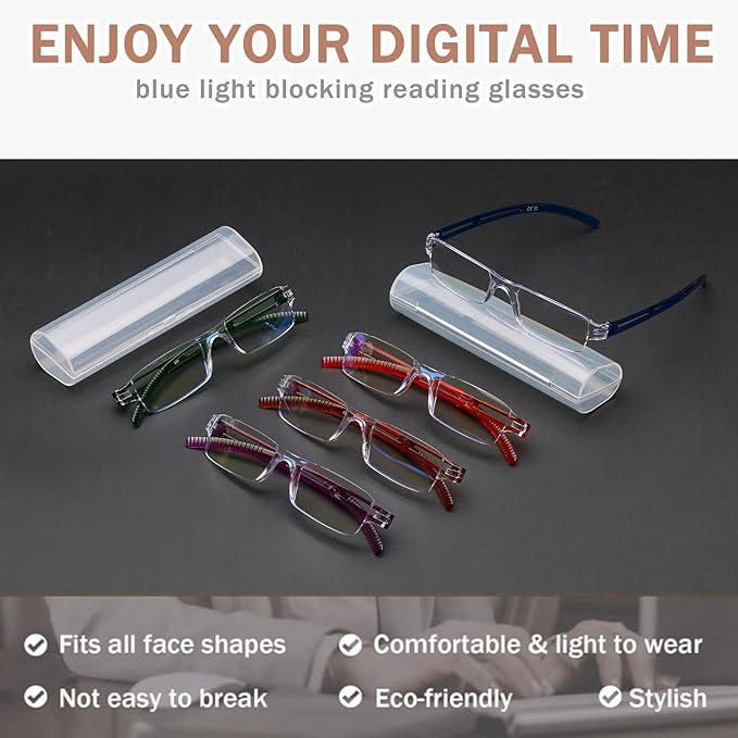 AQWANO 5 Pack Rimless Computer Reading Glasses 1.0 Blue Light Blocking, Fashion Frameless Readers for Women Men Lightweight & Comfortable Anti Glare/UV/Eyestrain, 1.0