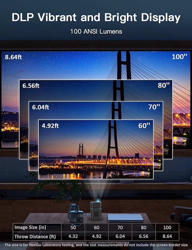 NexiGo Smart WiFi Mini Portable Projector, 4K Supported, Android 9.0, [100 ANSI - Over 3000 Lux], DLP Bluetooth Pico Video Projector, 4-Hours Playtime, Neat Projector, Home Entertainment