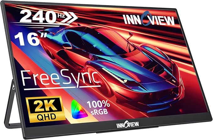 InnoView 16" 2K 240Hz Portable Monitor, 100% sRGB Portable Gaming Monitor Laptop Monitors Built-in Speakers 180° Adjustable Type-C HDMI IPS Eye Care External Second Screen for PS4 PS5 Switch Xbox PC