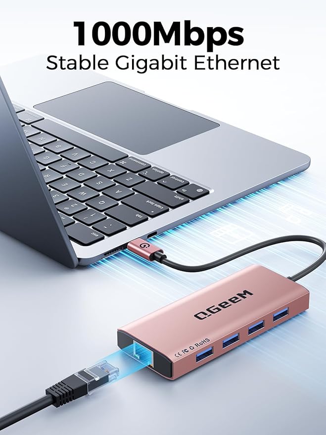 QGeeM USB C Hub Ethernet,9 in 1 USB Type C Hub HDMI Multi-Port Converter Adapter,100W Pd, USB 3.0,SD/TF Card Reader,Compatible for MacBook Pro Air Ipad HP Dell Lenovo Chromebook etc.-Pink