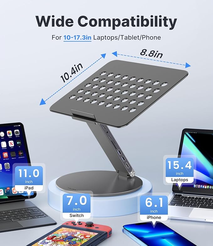 Adjustable Laptop Stand with 8 in 1 USB C Hub, Foldable Portable Computer Notebook Stand with 360° Rotating Base, Riser Holder Mount for All 10-17" Laptops (Gray)