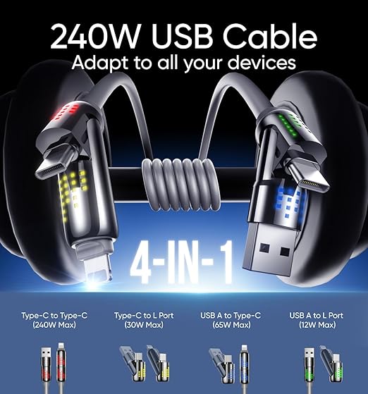 MAGIC JOHN 240W 4 in 1 Charging Cable, 4FT USB C to Lightning Cable [MFi Certified], Chubby USB A/C to C/Lightning with Light for iPhone/MacBook/iPad/Samsung/Switch 2, Multi Chargers for All Devices