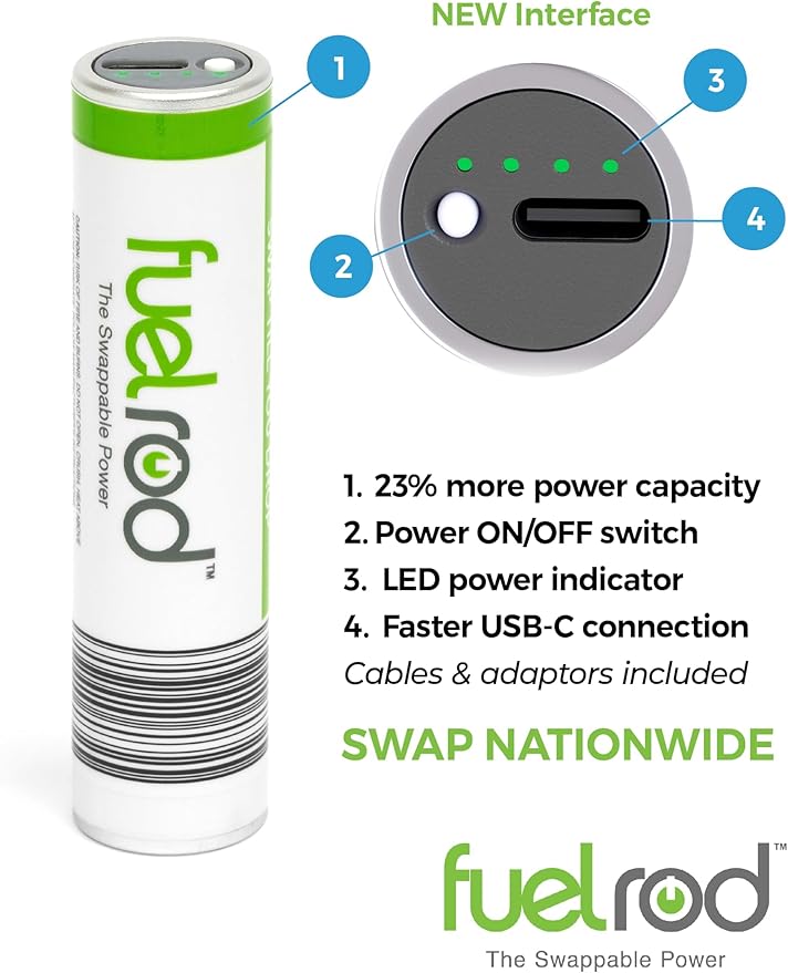 FuelRod USB-C Portable Charger Kit - Pack of 2 - Includes All Cables & Adapters Compatible with All Tablets & Smart Phones, Rechargeable Backup Power Bank, Swap for Charged Rod at Kiosk